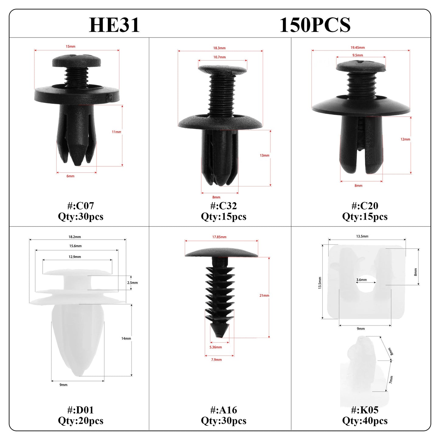 Universele kunststof spatbordbevestigingsclips(150 stuks)