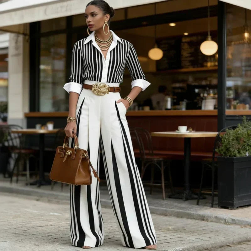 Ava – Slim Fit Dames Tweedelig Set met Verticale Strepen