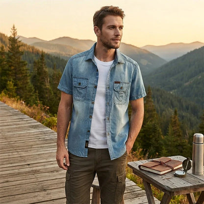 Nathan – Heren overhemd met korte mouwen van denim en ademend comfort