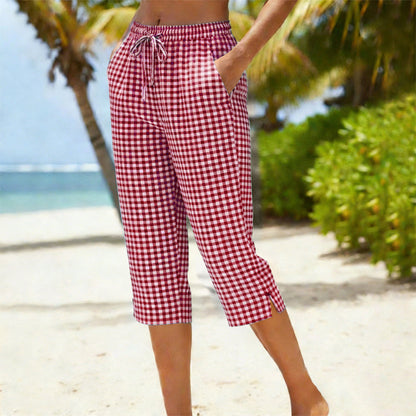 Emma – Dames Capri Broek met Geruit Patroon van Ademend Katoen-Linnen Mix