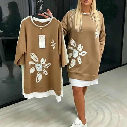 Heidi – Tweedelige gebreide jurk met bloemenpatroon en losse pasvorm