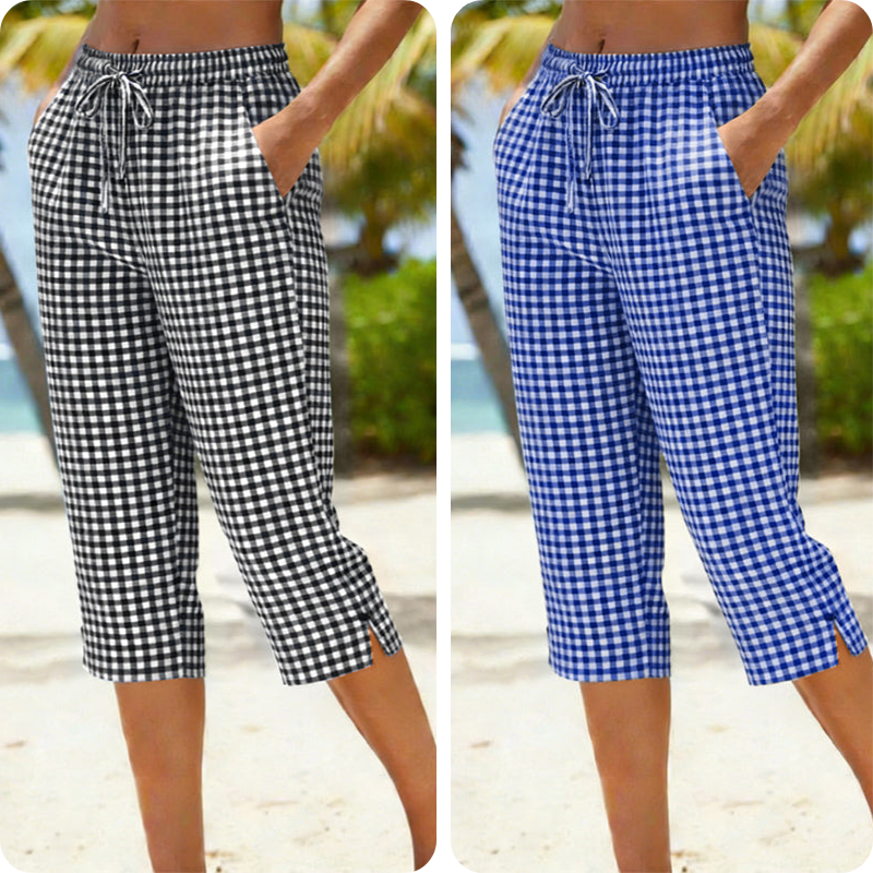 Emma – Dames Capri Broek met Geruit Patroon van Ademend Katoen-Linnen Mix