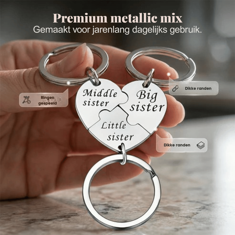 SisterBond — Gegraveerde Sleutelhanger Set Zussen | 1+1 GRATIS