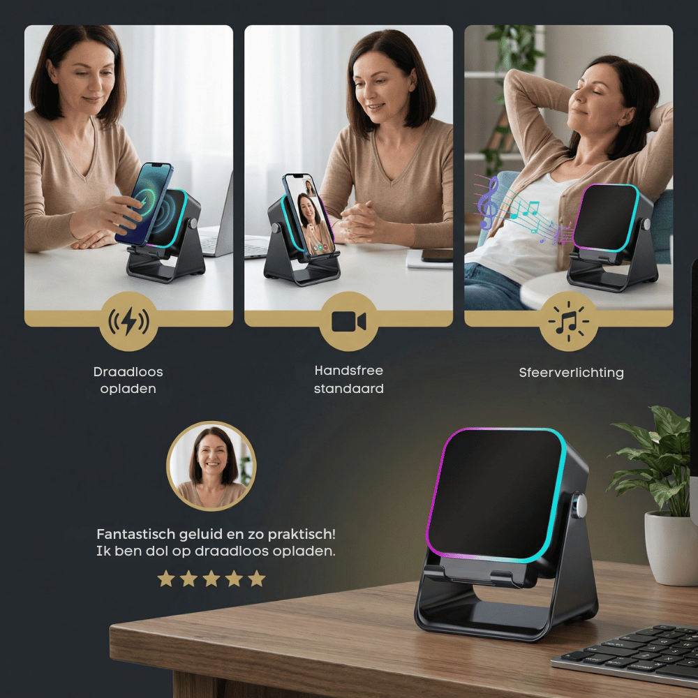 5-in-1 Wireless Mini RGB Speaker - Telefoonhouder - Telefoonhouders Auto - Magnetisch - Bluetooth Speaker - Draadloze Oplader - Wireless charger - GSM Lader - 360° verstelbare houder voor iPhone/Android/iPad/Samsung