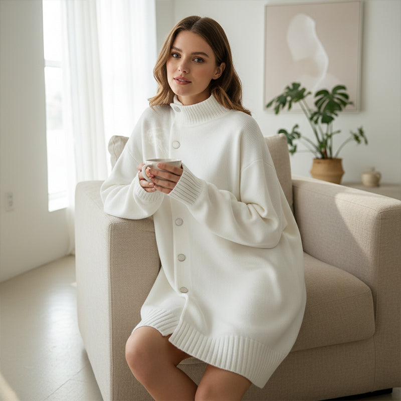 Heidi – Dames Oversize Gebreide Cardigan met Hoge Kraag