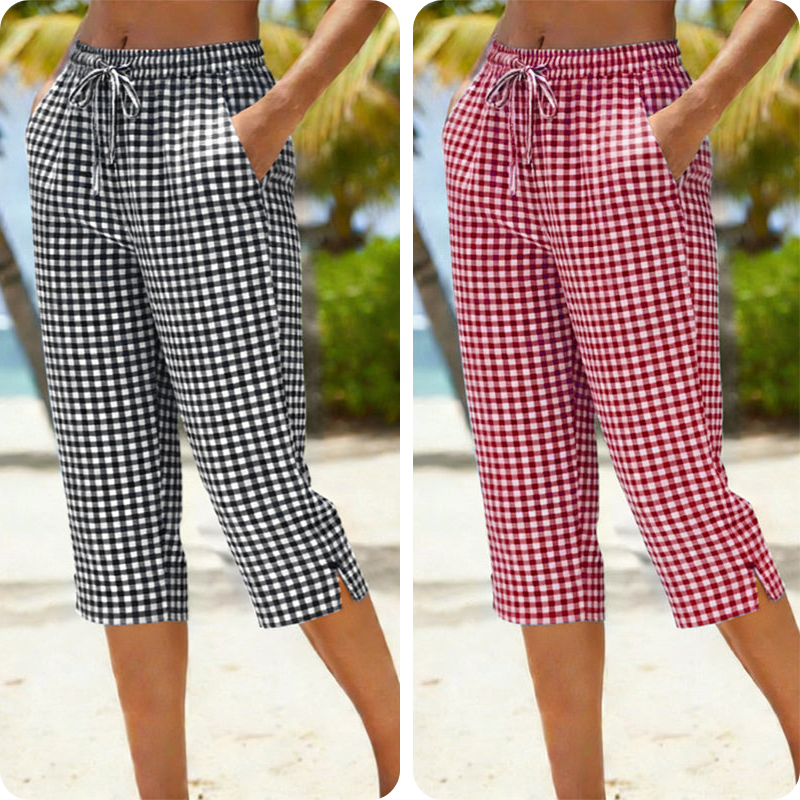 Emma – Dames Capri Broek met Geruit Patroon van Ademend Katoen-Linnen Mix