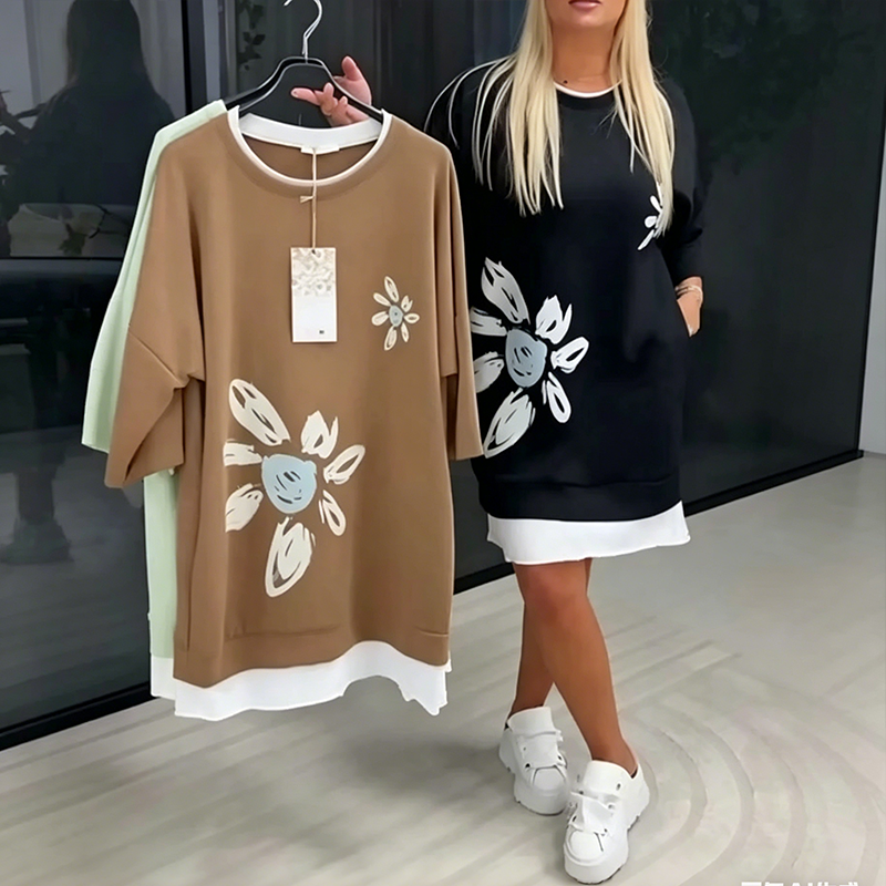 Heidi – Tweedelige gebreide jurk met bloemenpatroon en losse pasvorm