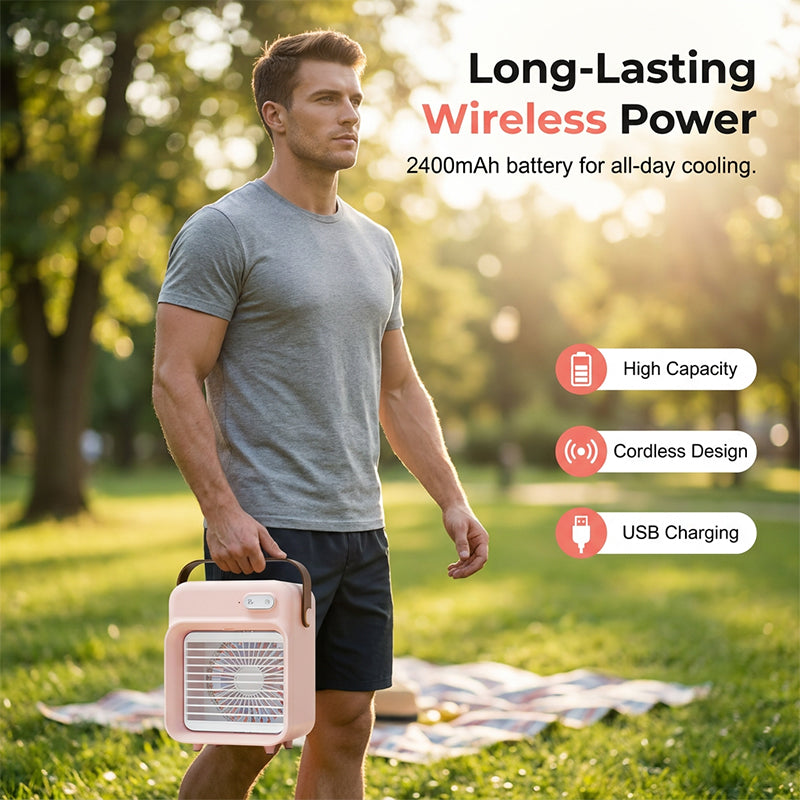 AeroMist Draagbare Ventilator — Directe Koeling, Hydratatie, Vrijheid