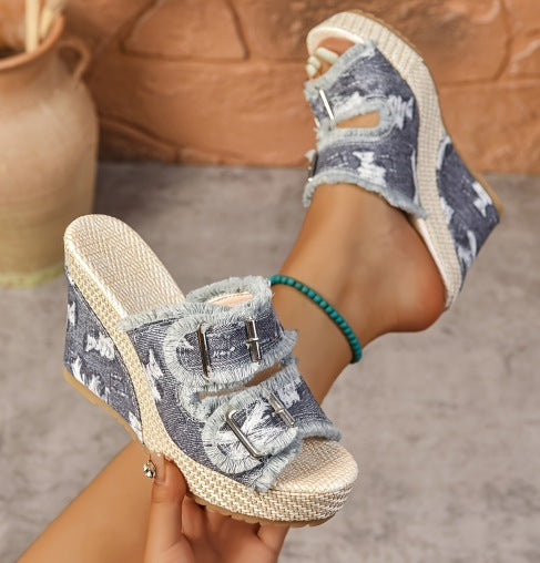 Lana – Ademend denim plateau sandalen met 10 cm hak