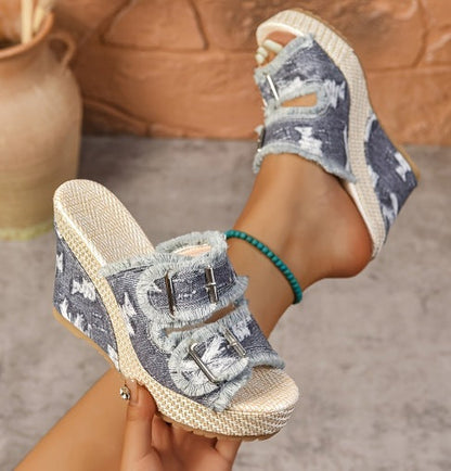 Lana – Ademend denim plateau sandalen met 10 cm hak
