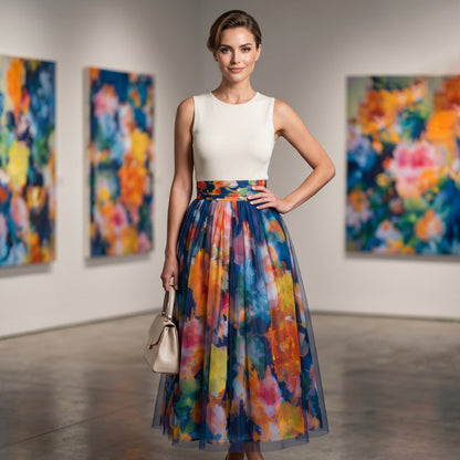 Sofia – Aquarel Bloemen Tule Rok met Ademend Comfort