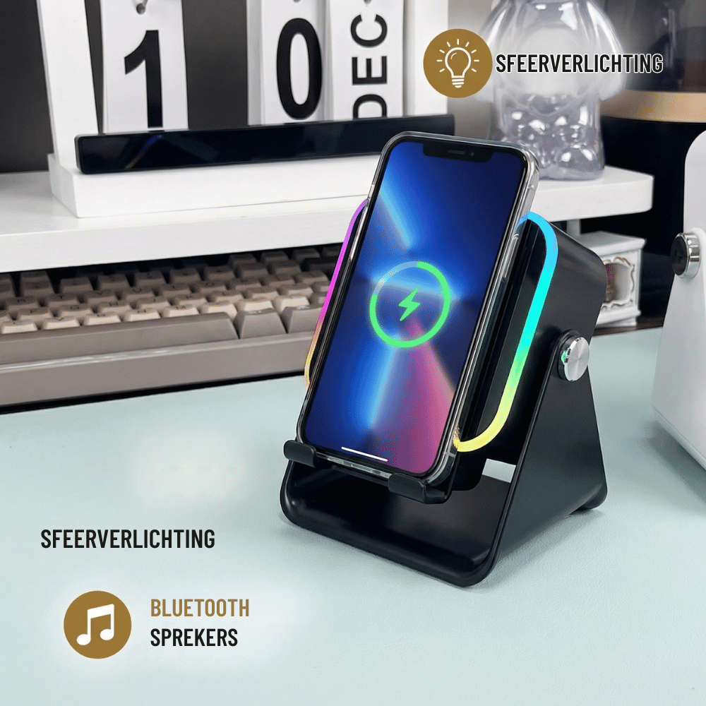 5-in-1 Wireless Mini RGB Speaker - Telefoonhouder - Telefoonhouders Auto - Magnetisch - Bluetooth Speaker - Draadloze Oplader - Wireless charger - GSM Lader - 360° verstelbare houder voor iPhone/Android/iPad/Samsung