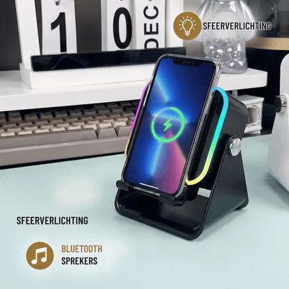 5-in-1 Wireless Mini RGB Speaker - Telefoonhouder - Telefoonhouders Auto - Magnetisch - Bluetooth Speaker - Draadloze Oplader - Wireless charger - GSM Lader - 360° verstelbare houder voor iPhone/Android/iPad/Samsung