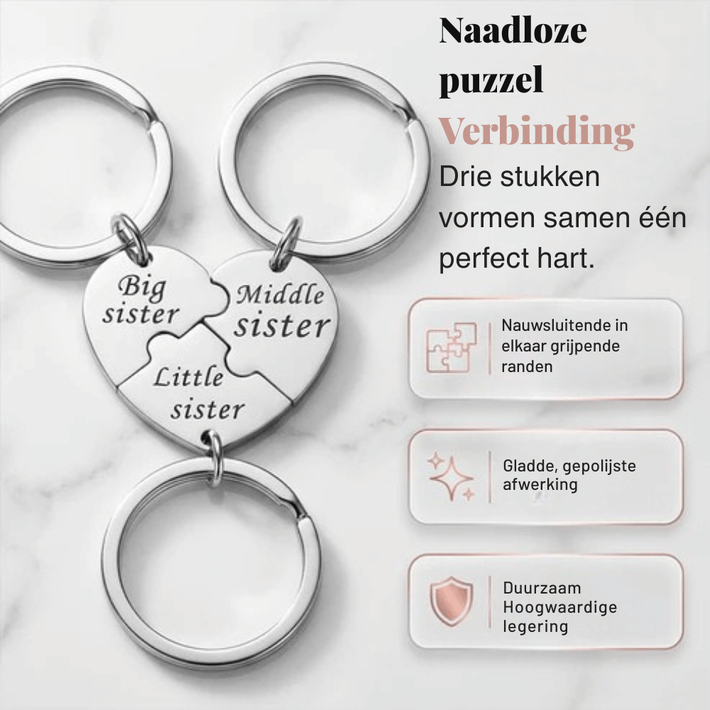 SisterBond — Gegraveerde Sleutelhanger Set Zussen | 1+1 GRATIS