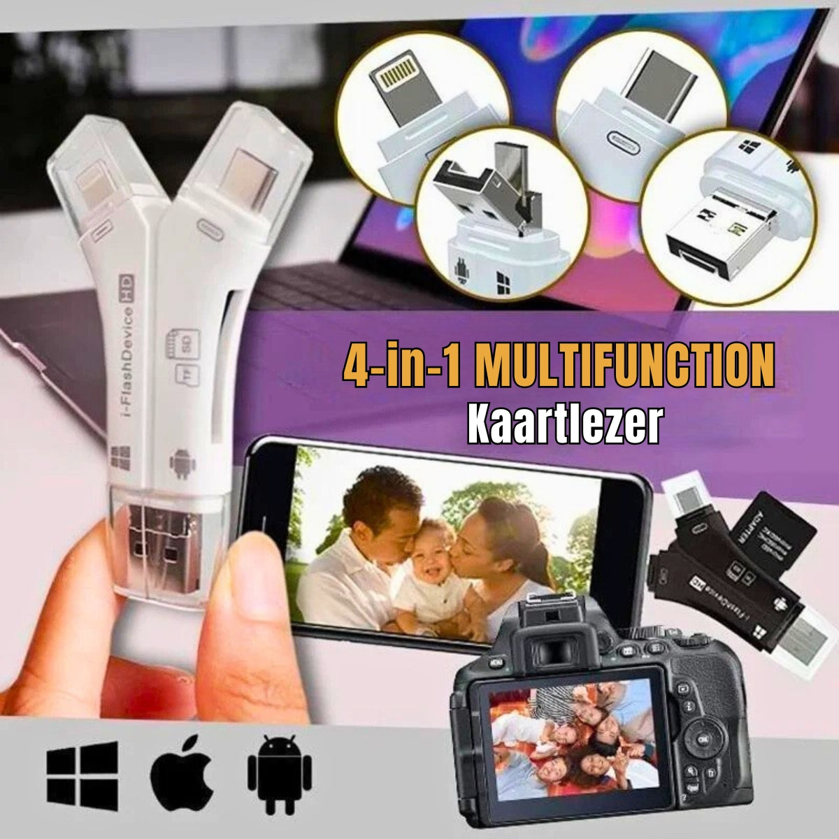 SpeedPort™ – 4-in-1 Draagbare Geheugenkaartlezer voor Mobiele Apparaten | Plug & Play Snelheid in je Zak | 50 % KORTING