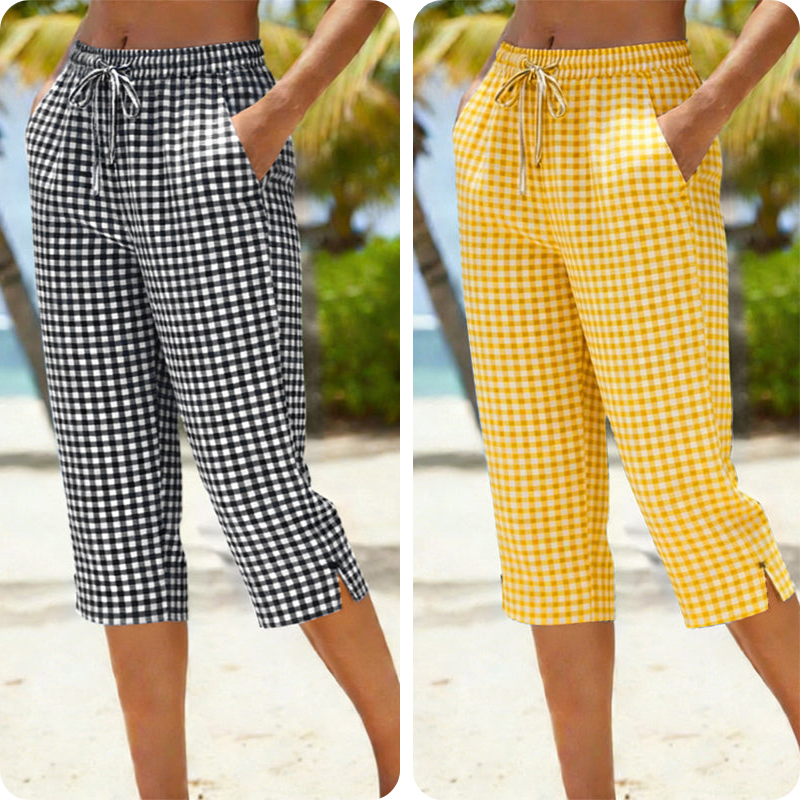 Emma – Dames Capri Broek met Geruit Patroon van Ademend Katoen-Linnen Mix