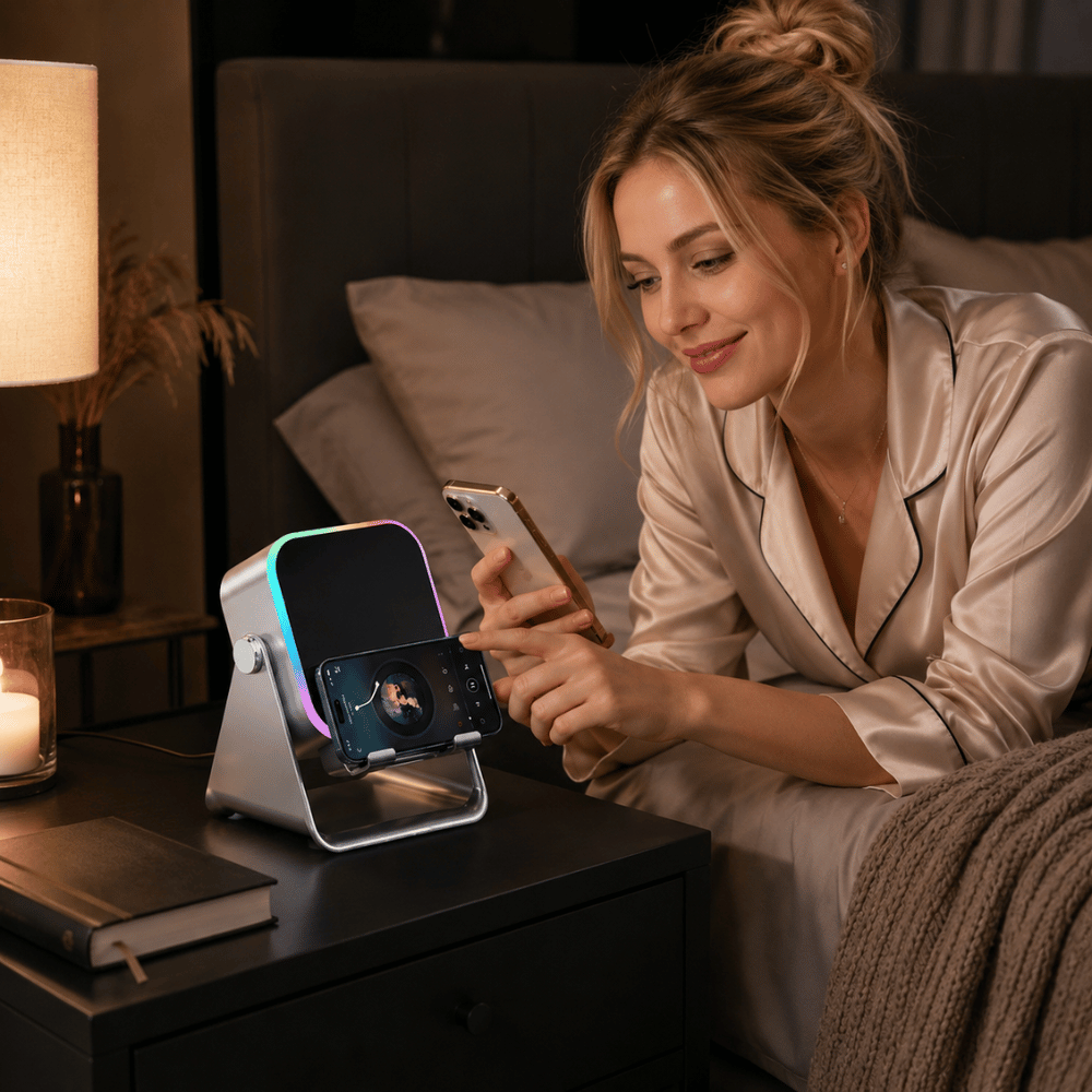 5-in-1 Wireless Mini RGB Speaker - Telefoonhouder - Telefoonhouders Auto - Magnetisch - Bluetooth Speaker - Draadloze Oplader - Wireless charger - GSM Lader - 360° verstelbare houder voor iPhone/Android/iPad/Samsung