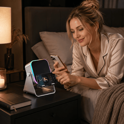 5-in-1 Wireless Mini RGB Speaker - Telefoonhouder - Telefoonhouders Auto - Magnetisch - Bluetooth Speaker - Draadloze Oplader - Wireless charger - GSM Lader - 360° verstelbare houder voor iPhone/Android/iPad/Samsung