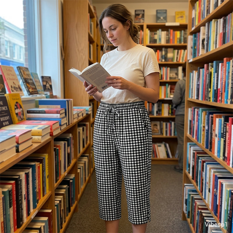 Emma – Dames Capri Broek met Geruit Patroon van Ademend Katoen-Linnen Mix
