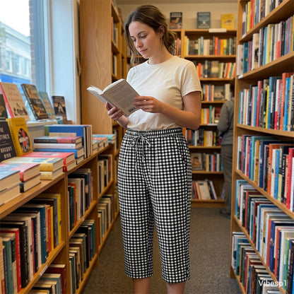 Emma – Dames Capri Broek met Geruit Patroon van Ademend Katoen-Linnen Mix