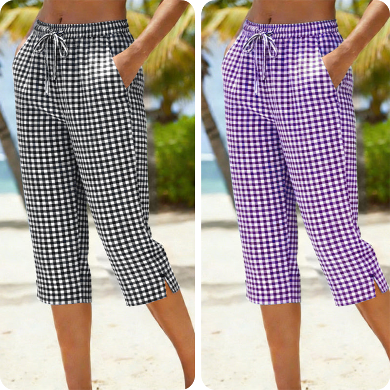 Emma – Dames Capri Broek met Geruit Patroon van Ademend Katoen-Linnen Mix