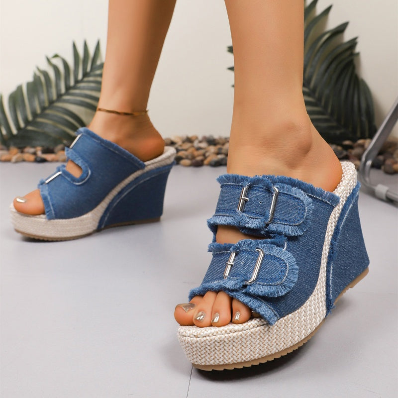 Lana – Ademend denim plateau sandalen met 10 cm hak