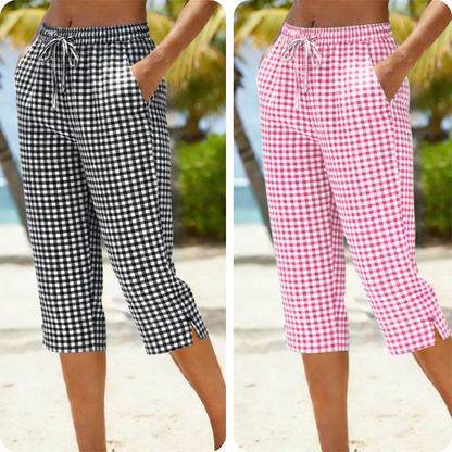Emma – Dames Capri Broek met Geruit Patroon van Ademend Katoen-Linnen Mix