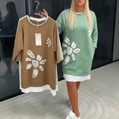 Heidi – Tweedelige gebreide jurk met bloemenpatroon en losse pasvorm
