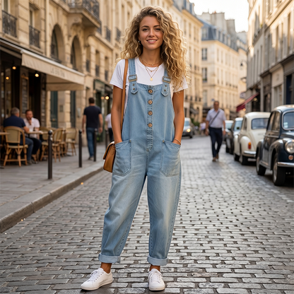 Maria – Denim tuinbroek met casual pasvorm en verstelbare gespen