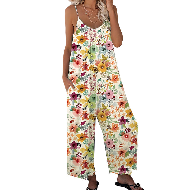 Leonie – Bloemenprint Jumpsuit met Zakken en Wijde Pijpenabschluitsels