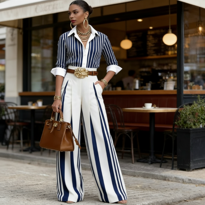 Ava – Slim Fit Dames Tweedelig Set met Verticale Strepen
