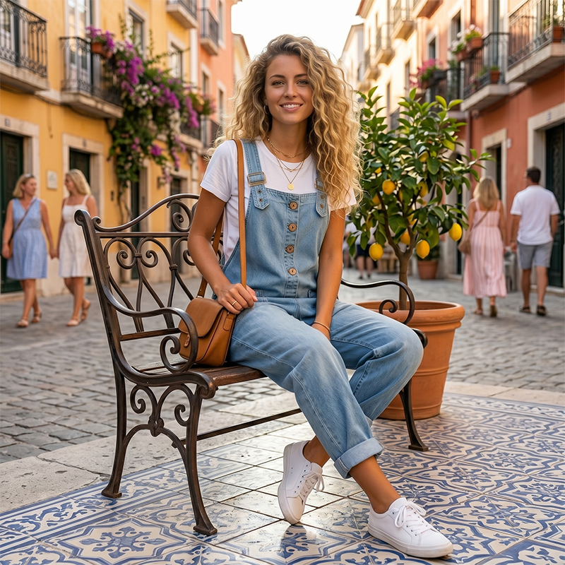 Maria – Denim tuinbroek met casual pasvorm en verstelbare gespen