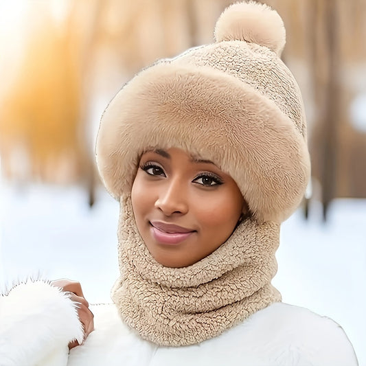 Beige winter fleece muts set - Fluffy beanie met sjaal voor dames