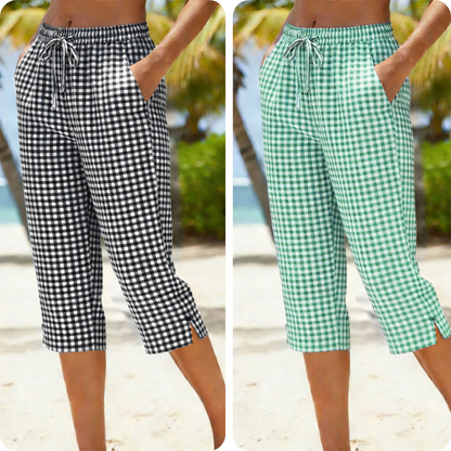 Emma – Dames Capri Broek met Geruit Patroon van Ademend Katoen-Linnen Mix
