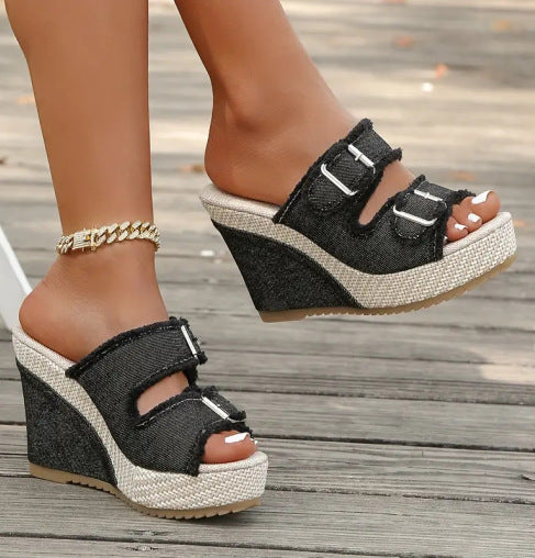 Lana – Ademend denim plateau sandalen met 10 cm hak
