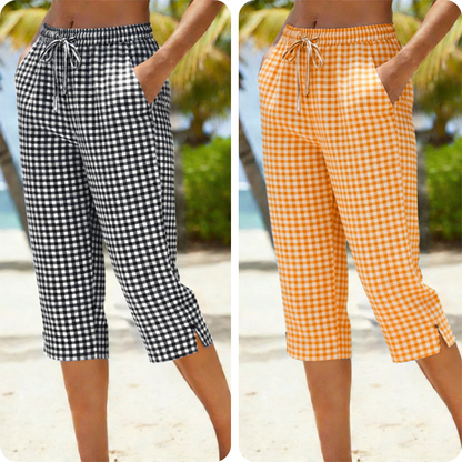Emma – Dames Capri Broek met Geruit Patroon van Ademend Katoen-Linnen Mix