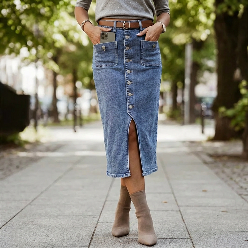 Amelia — Hoge taille spijkerrok in kokerstijl met vintage uitstraling
