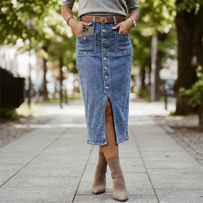 Amelia — Hoge taille spijkerrok in kokerstijl met vintage uitstraling