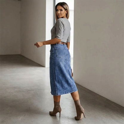 Amelia — Hoge taille spijkerrok in kokerstijl met vintage uitstraling