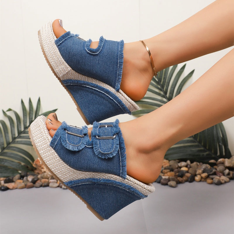 Lana – Ademend denim plateau sandalen met 10 cm hak