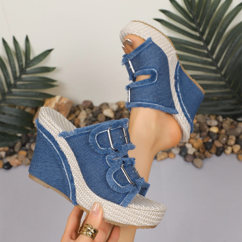 Lana – Ademend denim plateau sandalen met 10 cm hak