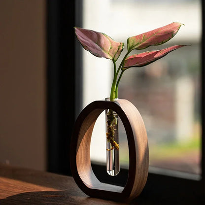 Vloerpot - Handgemaakt houten frame met heldere glazen vaas voor minimalisme