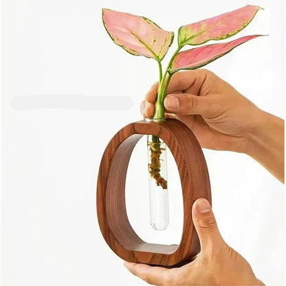 Vloerpot - Handgemaakt houten frame met heldere glazen vaas voor minimalisme