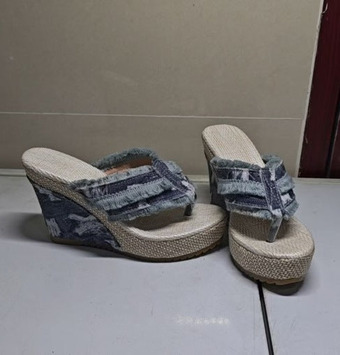 Lana – Ademend denim plateau sandalen met 10 cm hak