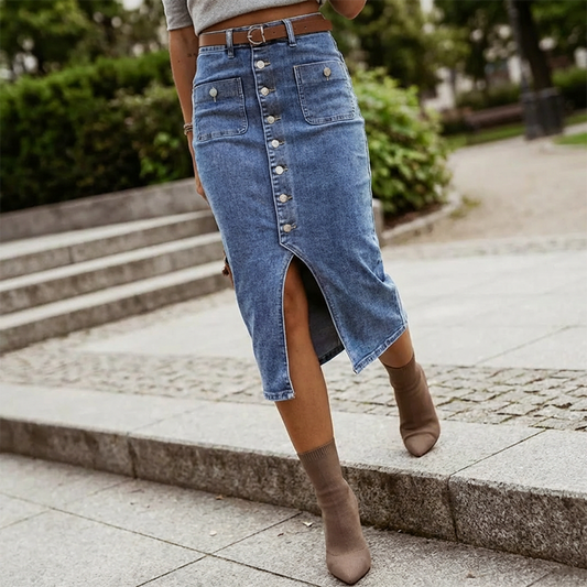 Amelia — Hoge taille spijkerrok in kokerstijl met vintage uitstraling
