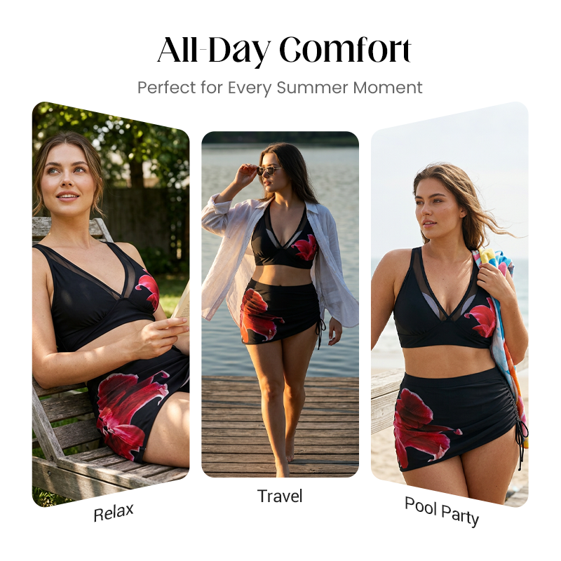 Eva – 3-delige bikini set van gaas met plooien en trekkoord rok