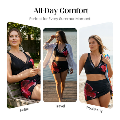 Eva – 3-delige bikini set van gaas met plooien en trekkoord rok