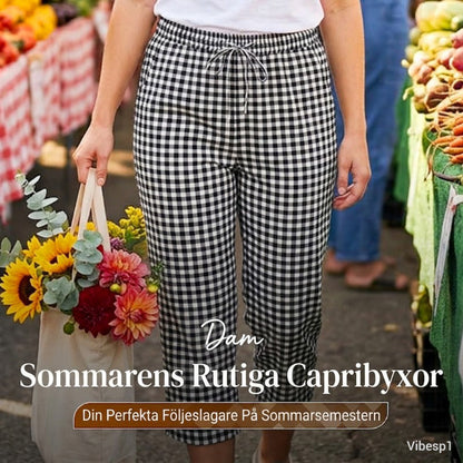 Emma – Dames Capri Broek met Geruit Patroon van Ademend Katoen-Linnen Mix