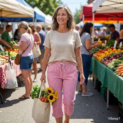 Emma – Dames Capri Broek met Geruit Patroon van Ademend Katoen-Linnen Mix