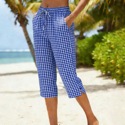 Emma – Dames Capri Broek met Geruit Patroon van Ademend Katoen-Linnen Mix